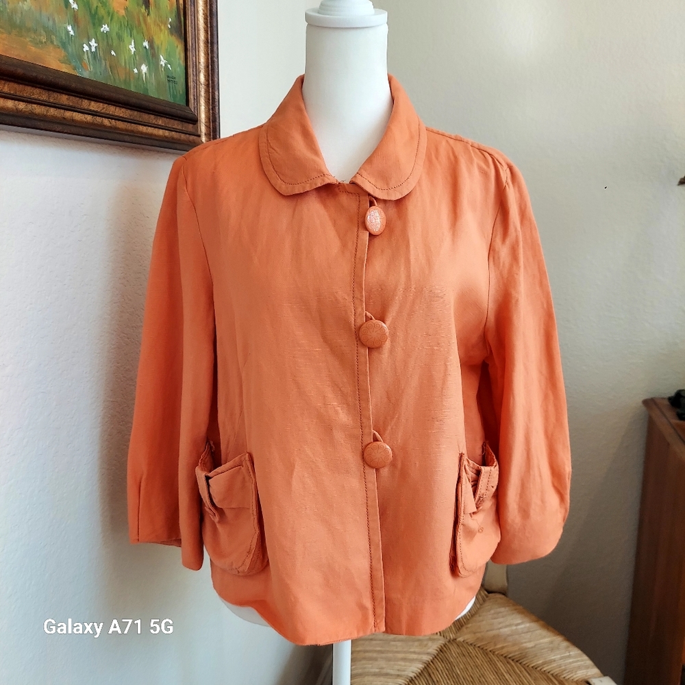 Vintage Larry Levine Orange Linen Blend Cropped 3/4 Sleeve Jacket Sz M